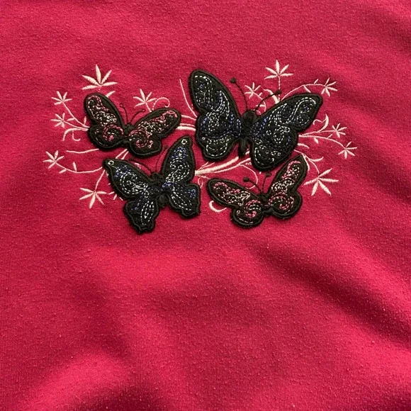 Blair Womens Butterfly Embroidered Fleece Sweatshirt Magenta Pink PM Petite Med - Picture 4 of 6